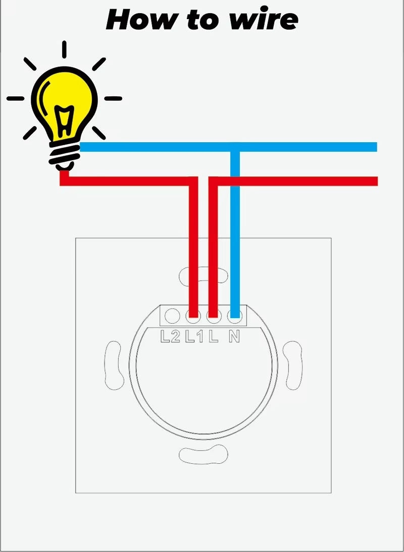 Aansluitschema van de wifi-dimmer met lamp en aansluitklemmen L2, L1, L en N.
