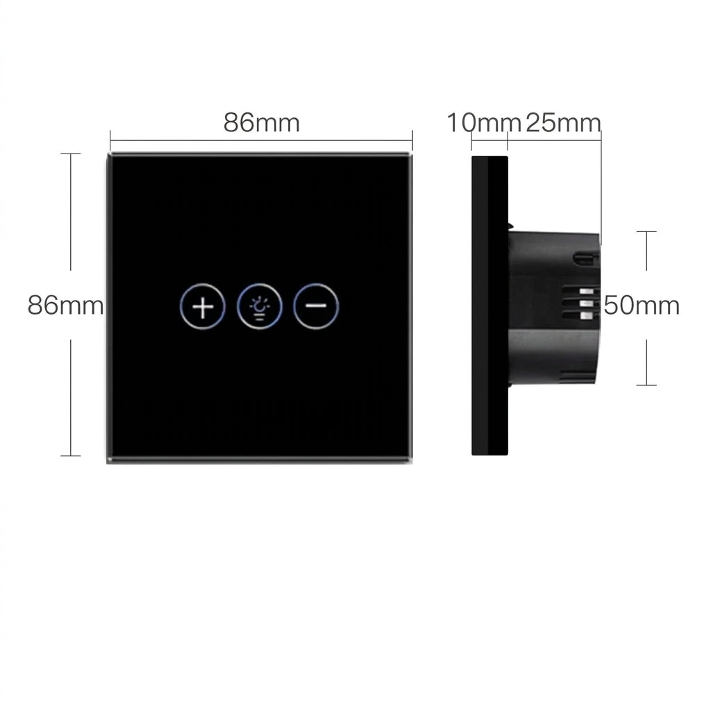 Maattekening van een zwarte wifi-dimmer, met vooraanzicht en zijaanzicht van de inbouwmodule.