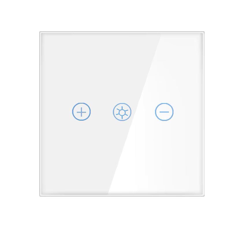 Vooraanzicht van de witte Vendalor wifi-dimmer met glazen paneel en drie touchknoppen.