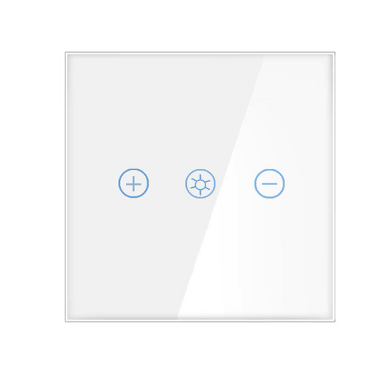Vooraanzicht van de witte Vendalor wifi-dimmer met glazen paneel en drie touchknoppen.