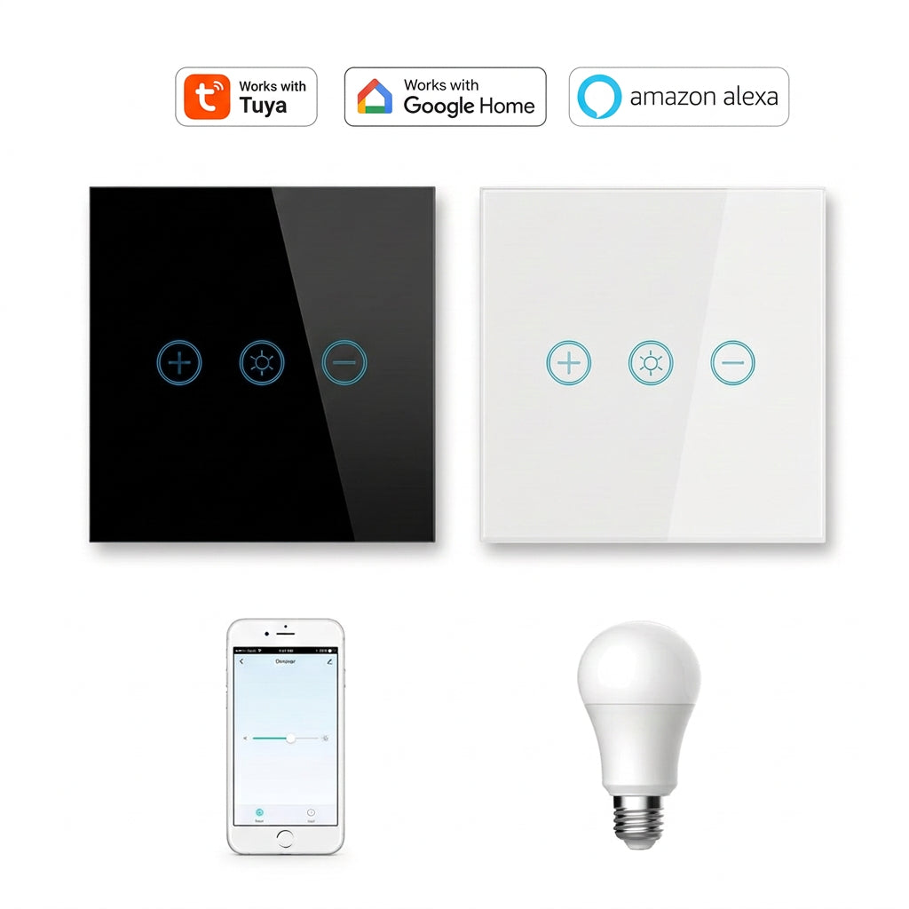 Zwarte en witte wifi-dimmer met smartphone, lamp en logo’s van Tuya, Google Home en Amazon Alexa.
