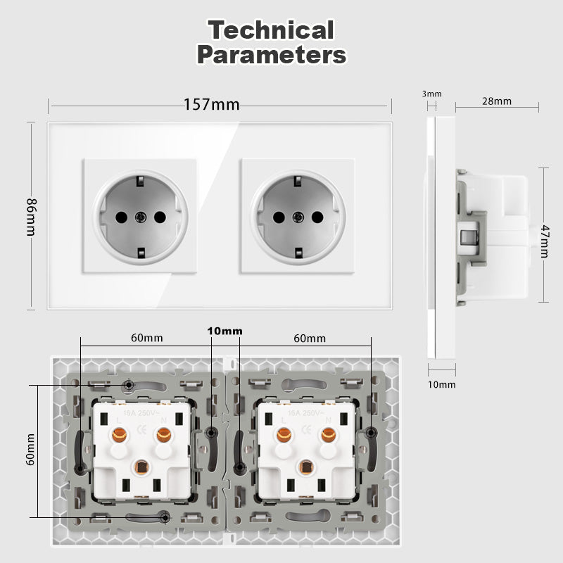 Vendalor dubbel geaard stopcontact in wit met technische afmetingen en inbouwdetails voor moderne interieurs