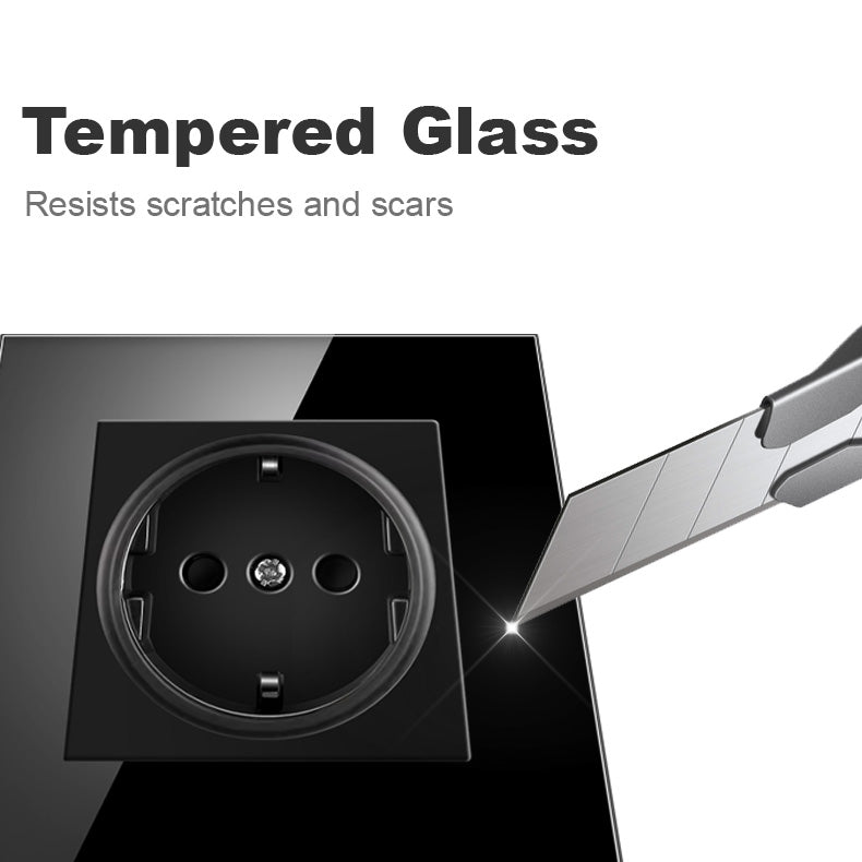 Vendalor dubbel stopcontact in zwart gehard glas, krasbestendig design voor een modern interieur.